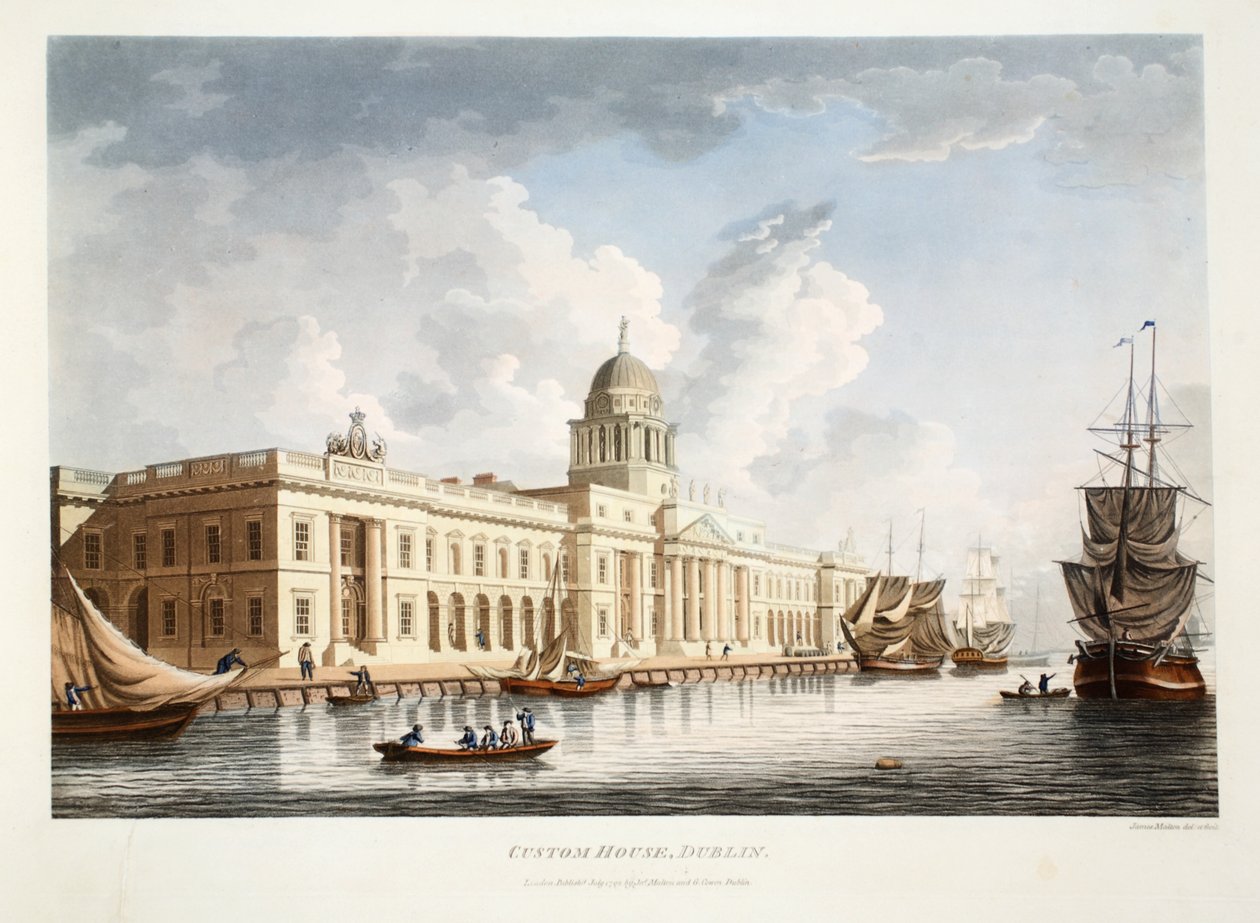 Celnice, Dublin, 1792 (ručně kolorovaná rytina) od James Malton