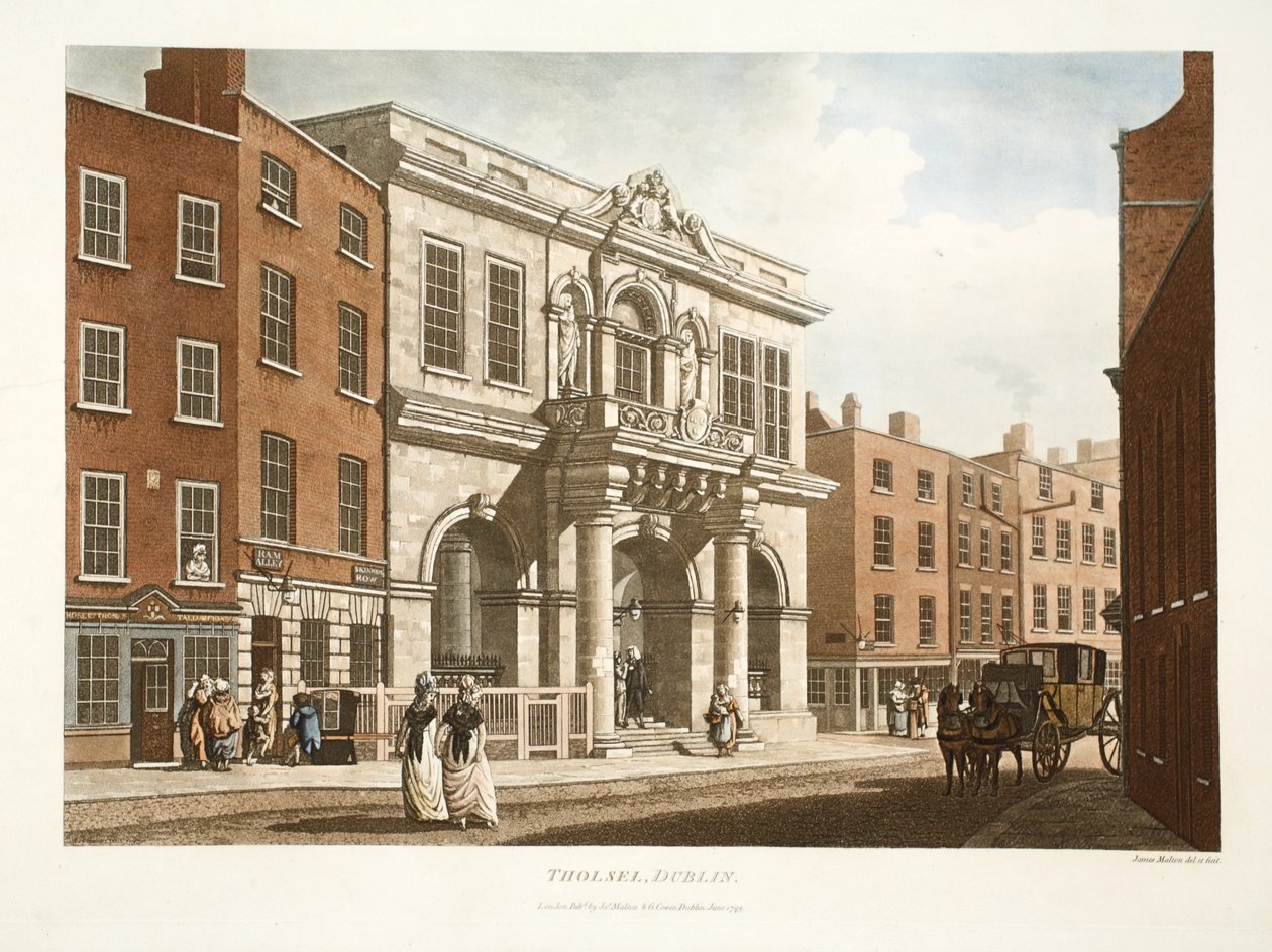 Tholsel, Dublin, 1798 (ručně kolorovaná rytina) od James Malton