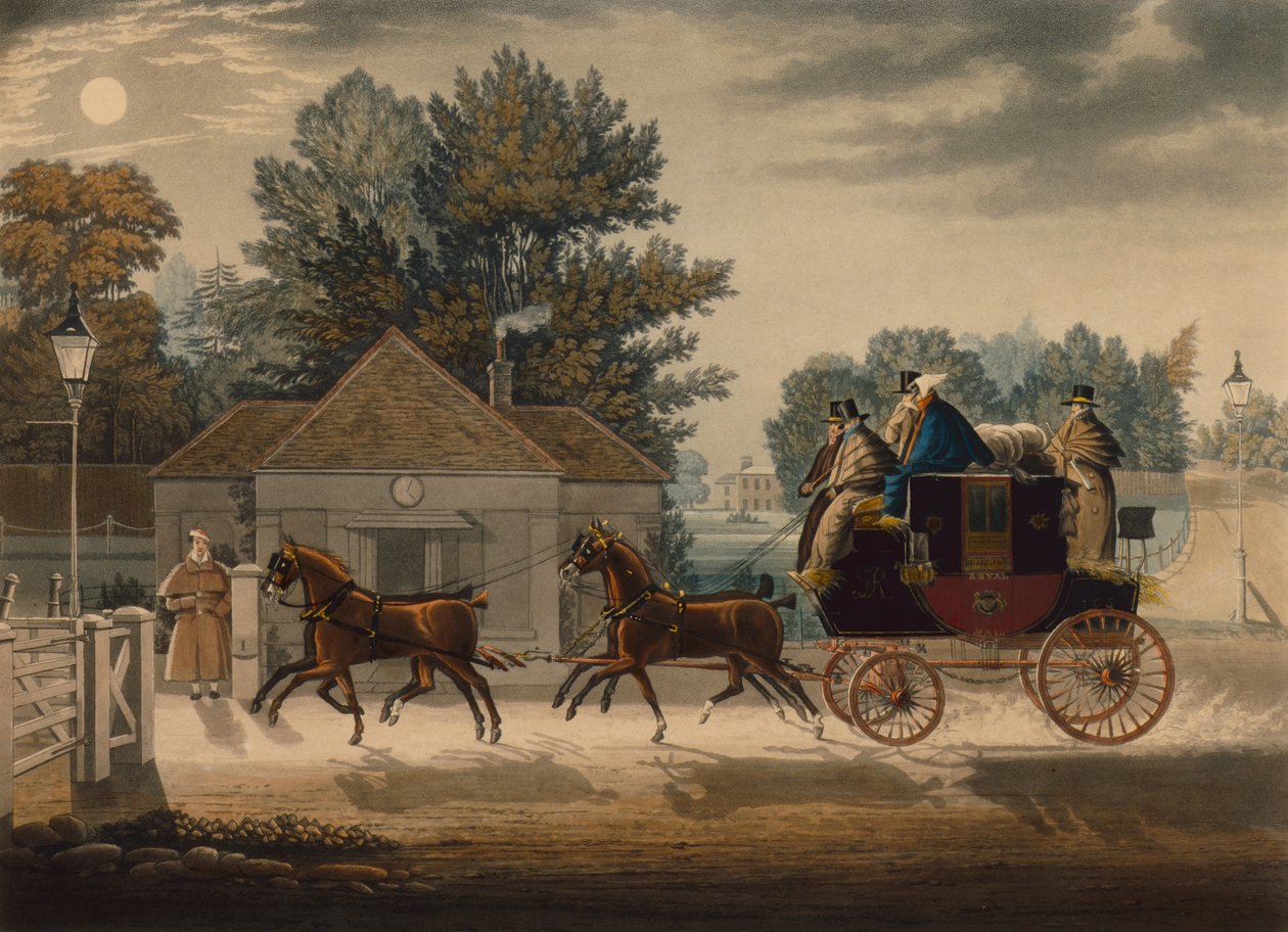 Mail Coach by Moonlight (barevná rytina) od James Pollard