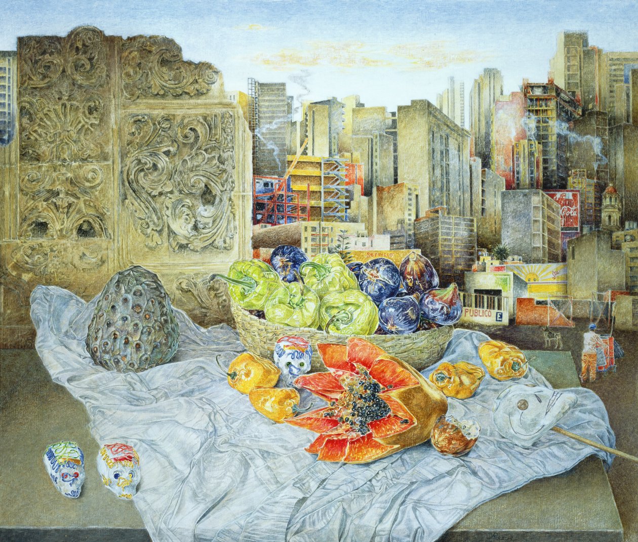 Zátiší s papája a panoráma města, 2000 od James Reeve