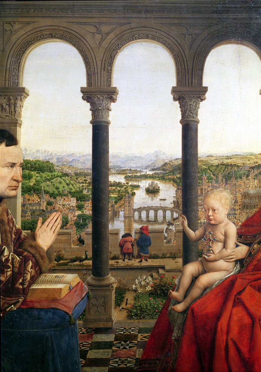 The Rolin Madonna (La Vierge de Chancelier Rolin), detail pohledu mezi sloupy, c.1435 (viz také 2993) od Jan van Eyck