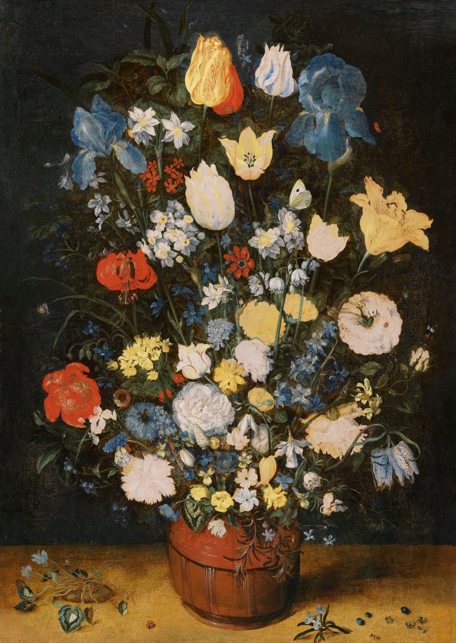 Zátiší s kosatci, růžemi, tulipány, narcisy, kardaminy, cyklámeny, hyacinty, měsíčkem, Eranthisem a dalšími květinami od Jan the Elder Brueghel