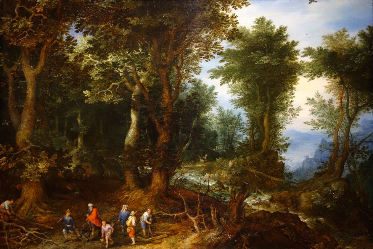 Zalesněná krajina s Abrahamem a Izákem od Jan the Elder Brueghel