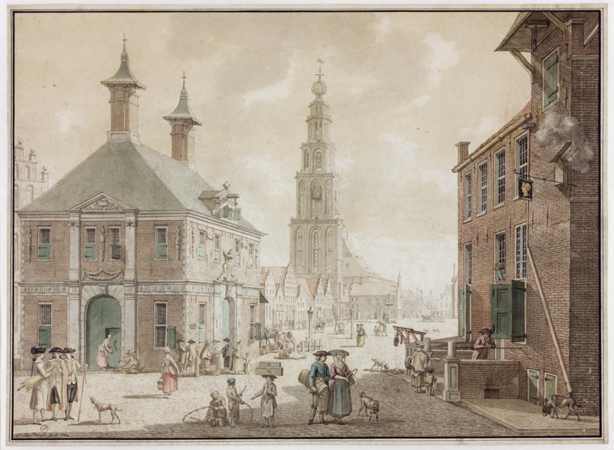 Grote Markt s vážením a hostincem Het Gouden Hoofd od Jan Bulthuis