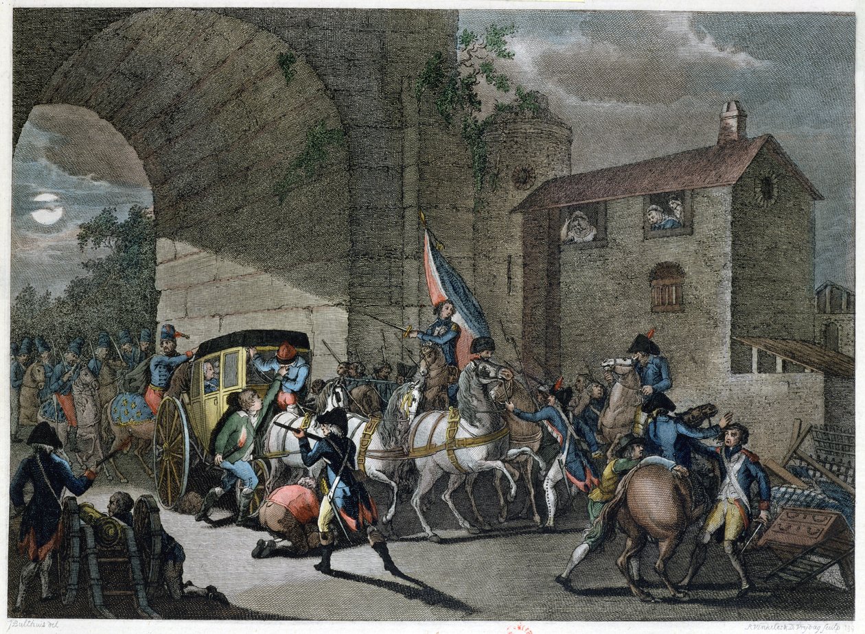 Zatčení Ludvíka XVI. (1754-93) ve Varennes, 22. června 1791, vyryto Reinier Vinkeles (1741-1816) a Daniel Friday (1765-1822) od Jan Bulthuis