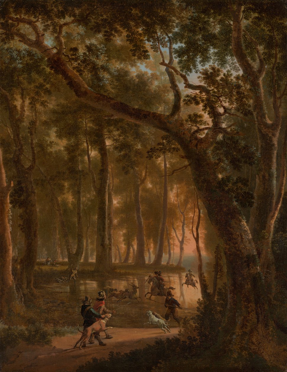 Lov jelenů v lese od Jan Hackaert