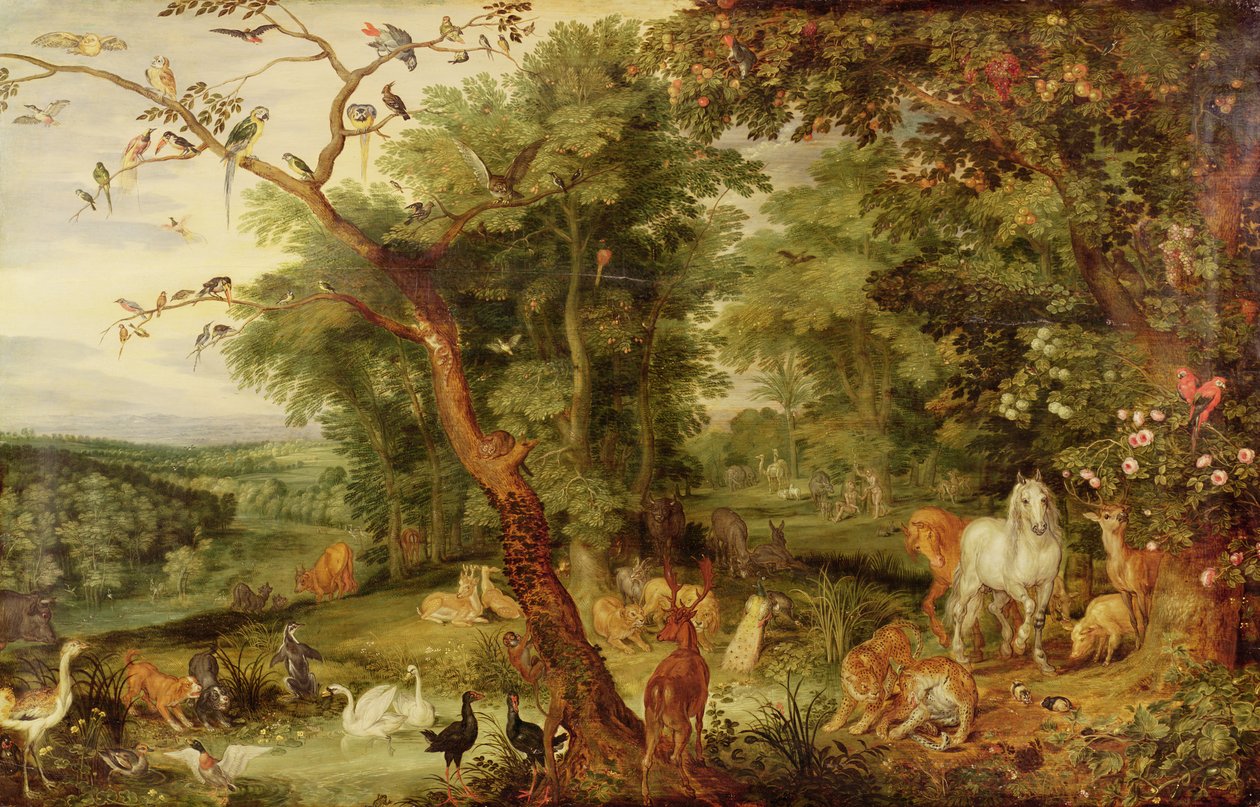 Rajská zahrada; v pozadí The Temptation (olej na dubovém panelu) od Jan the Elder Brueghel