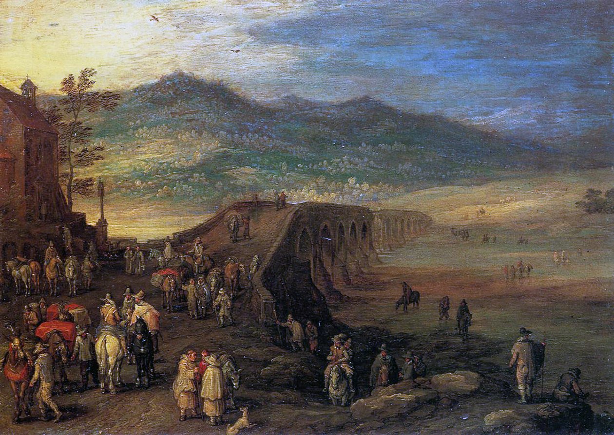 Cestovatelé u mostu Talavera, 1610 (olej na mědi) od Jan the Elder Brueghel