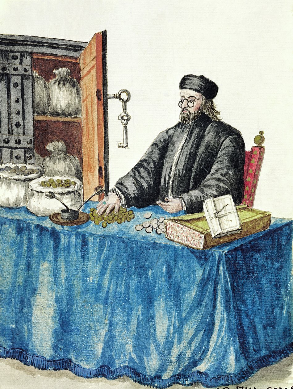 Benátský lichvář, z ilustrované knihy kostýmů od Jan van Grevenbroeck