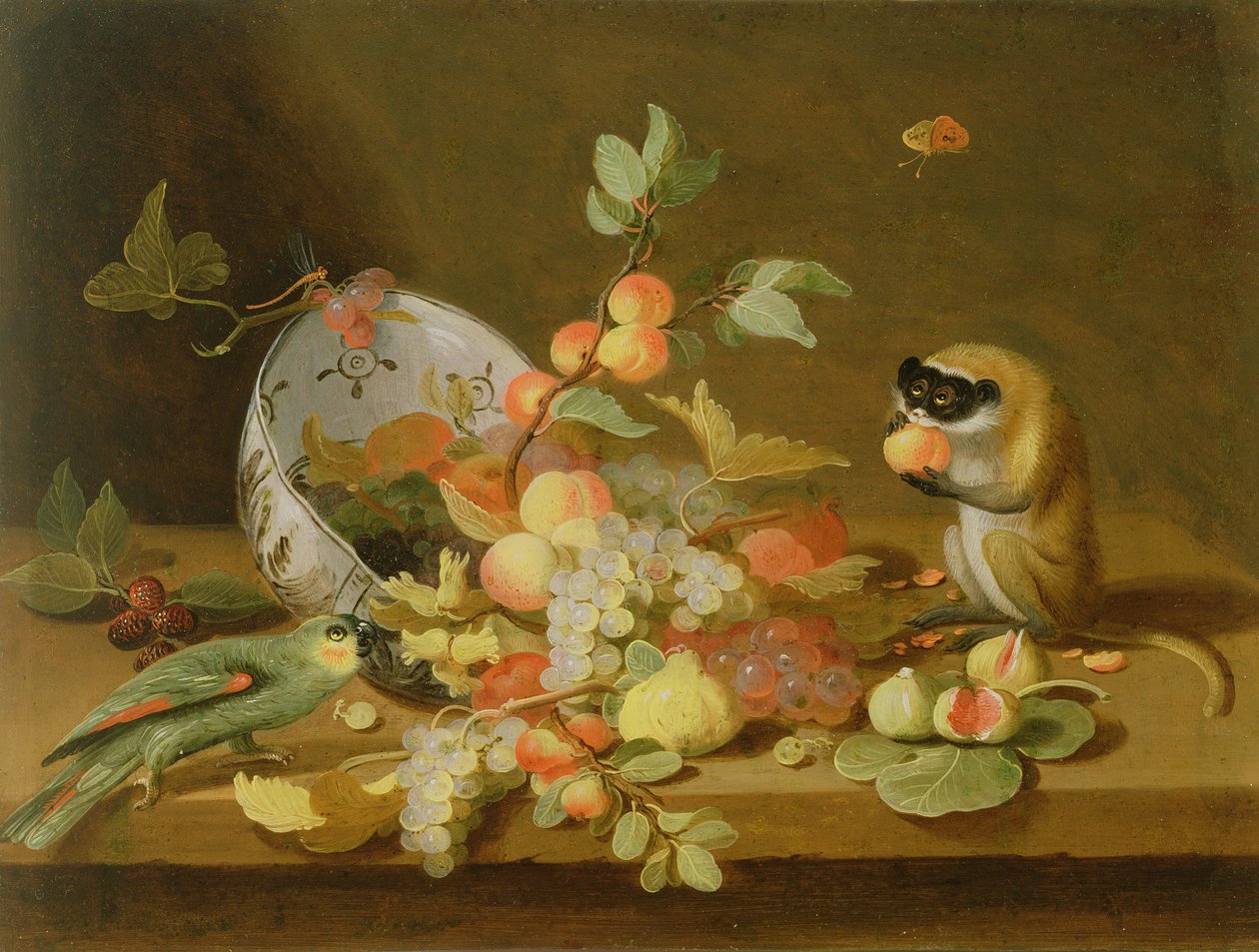 Hrozny a broskve se rozlévají z převrácené delftské mísy (olej na mědi) od Jan van Kessel the Elder