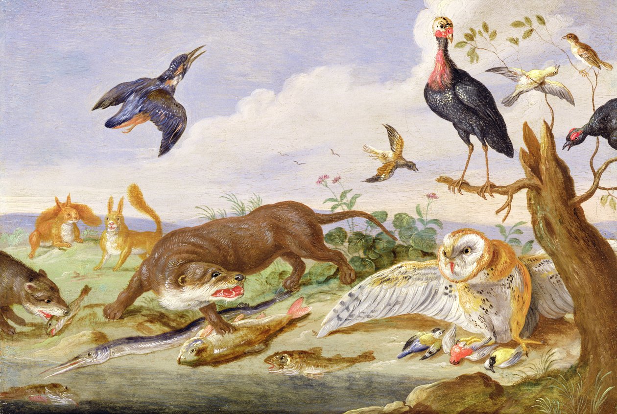 Vydra a sova střežící své úlovky (olej na mědi) od Jan van Kessel the Elder