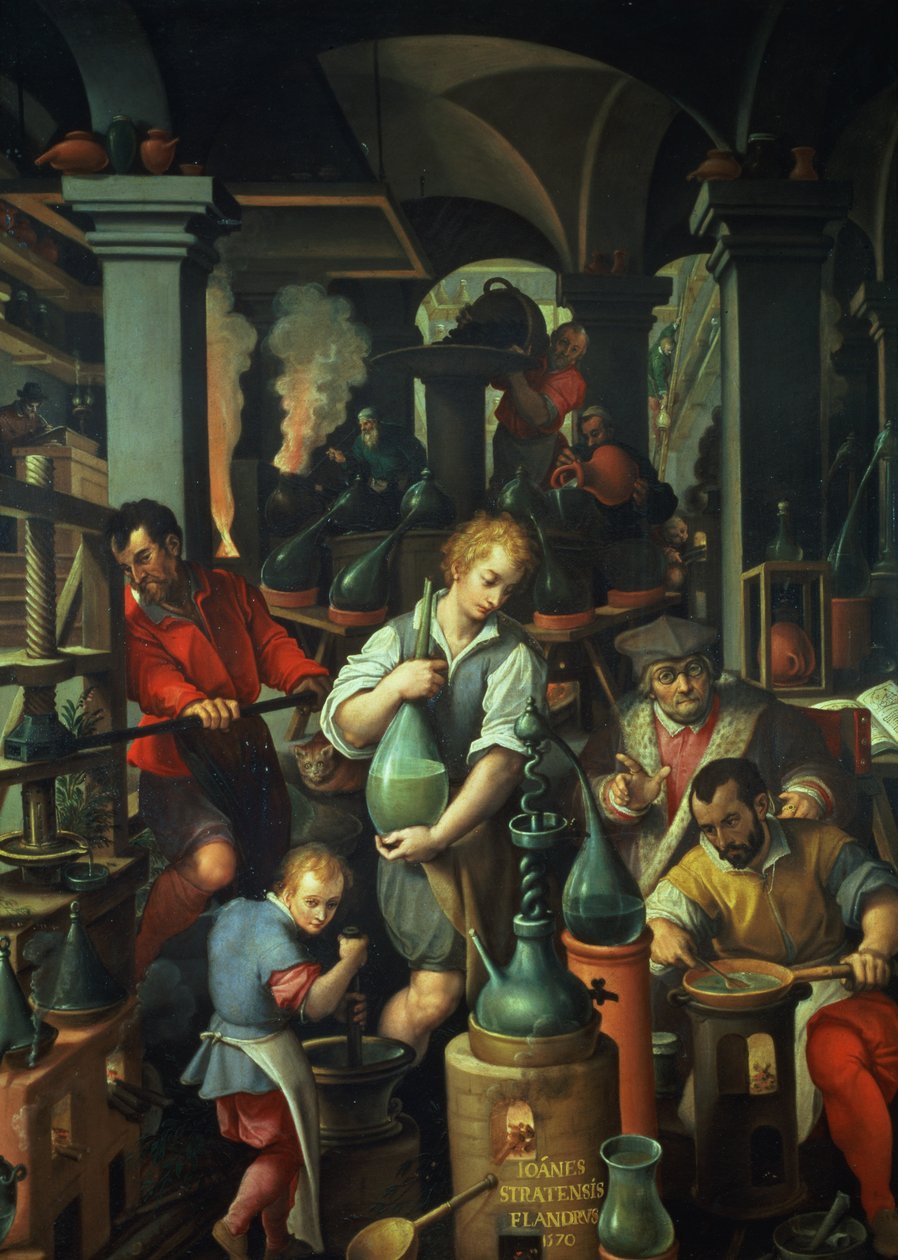 Alchymistická dílna, 1570 (olej na břidlici) od Jan van der Straet