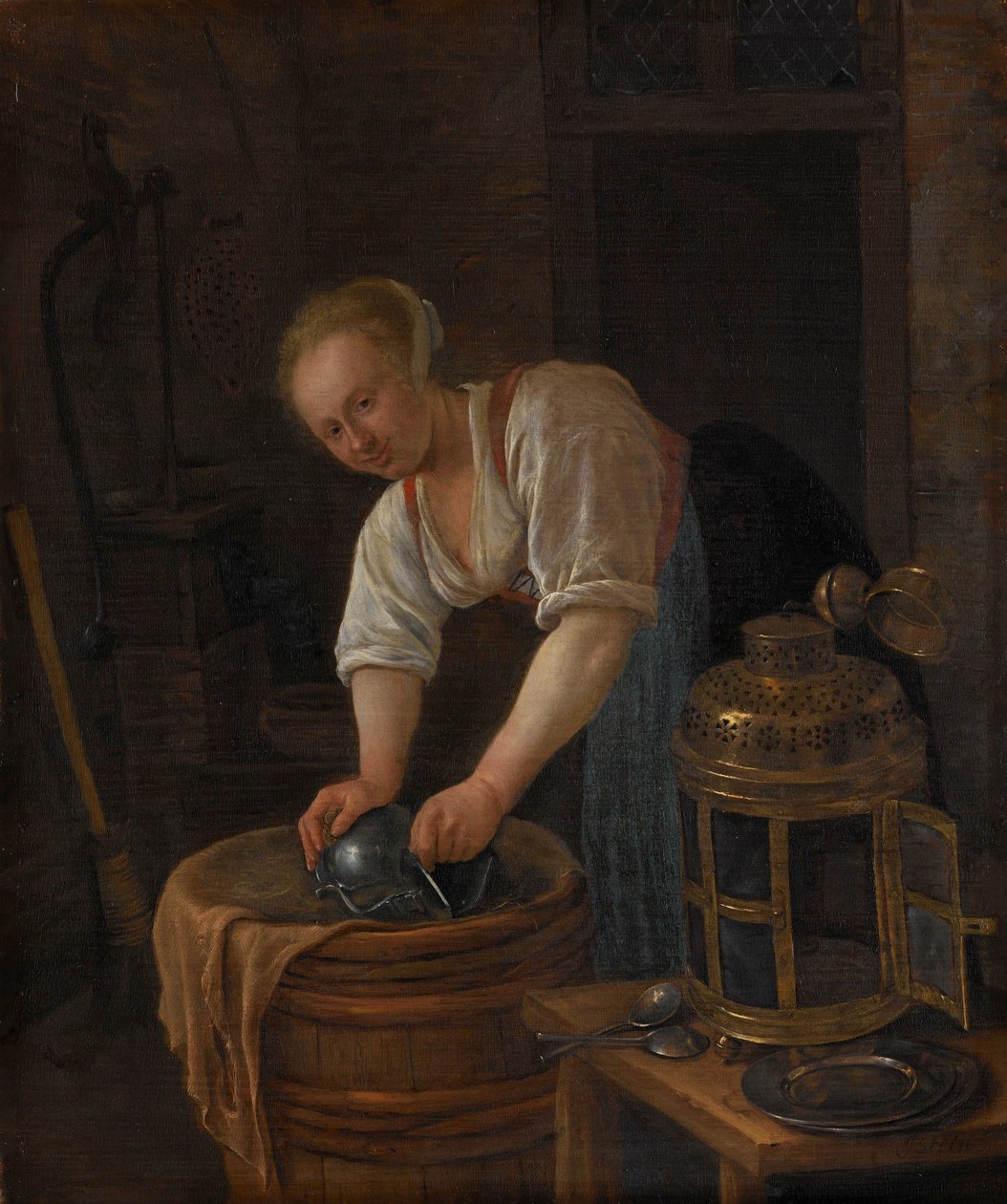 Žena čištění kovového zboží od Jan Havicksz. Steen