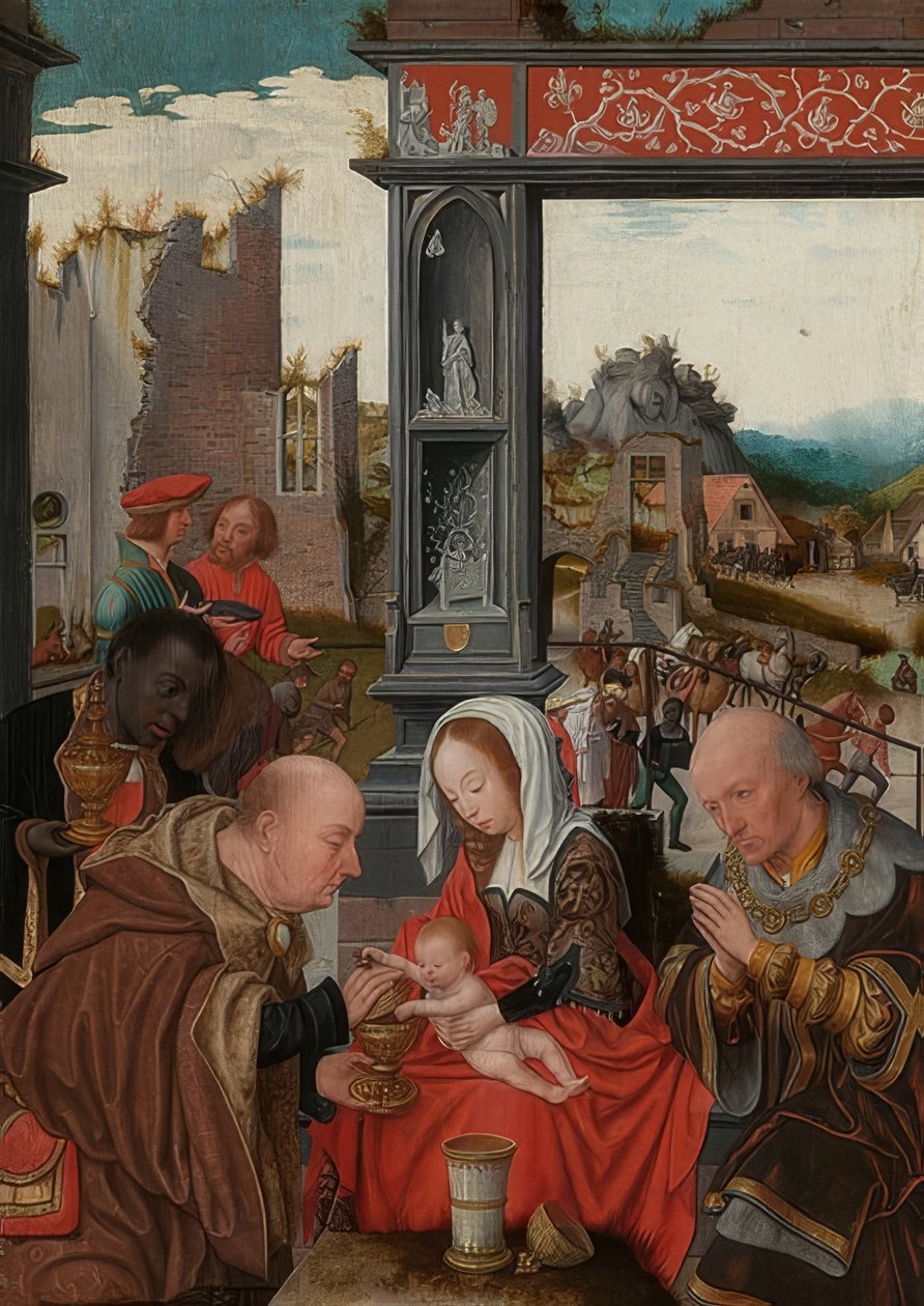 Klanění tří králů. Kolem 1520-25 od Jan Mostaert