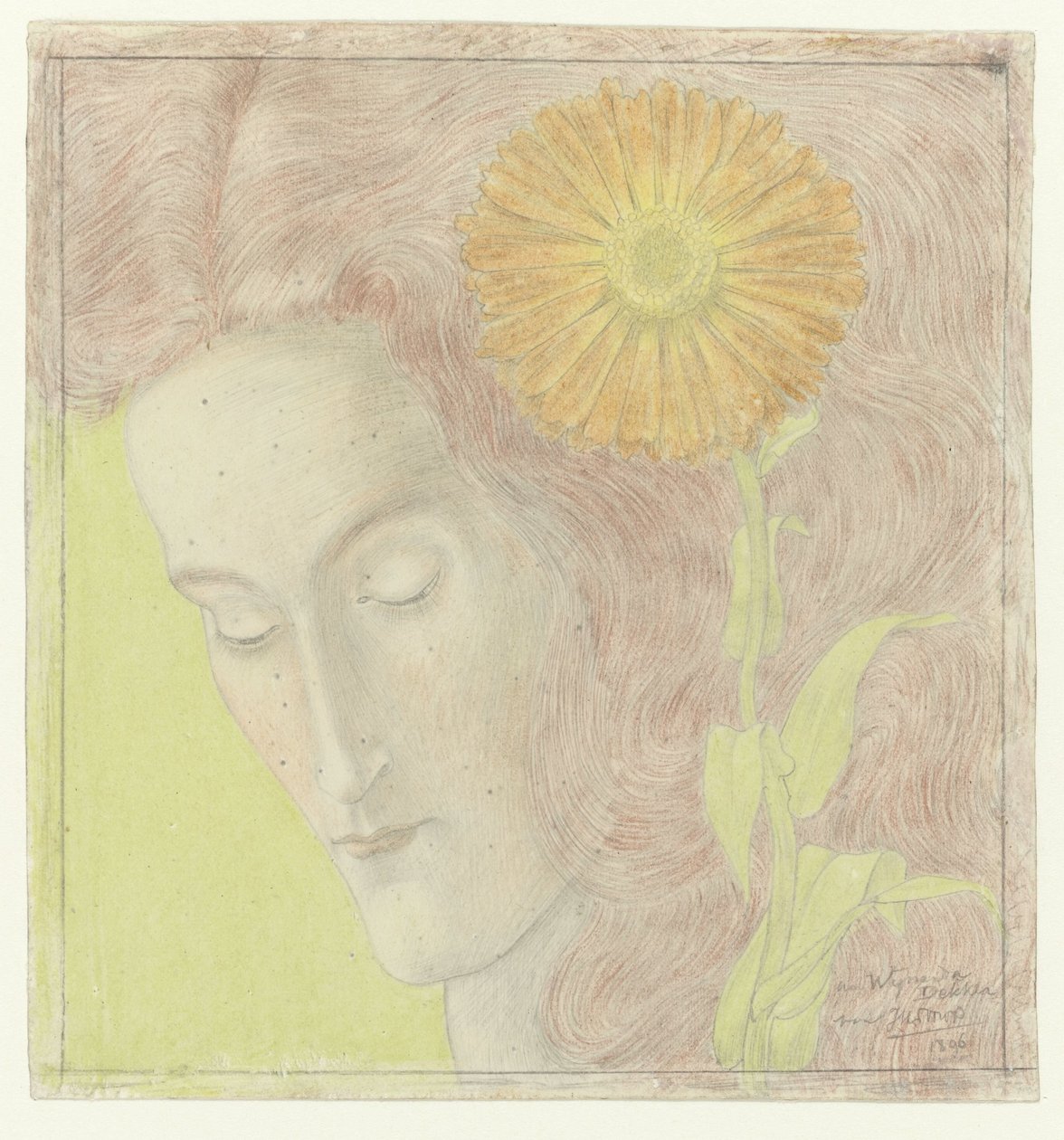 Ženská hlava s červenými vlasy a chryzantéma od Jan Toorop
