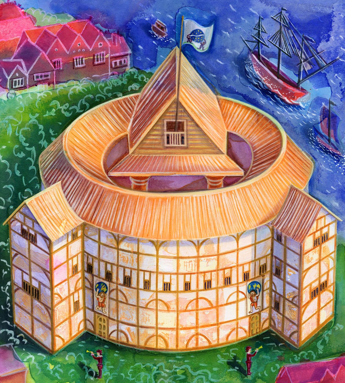Shakespeares Globe Theatre, 2006, (inkoust a kvaš) od Jane Tattersfield