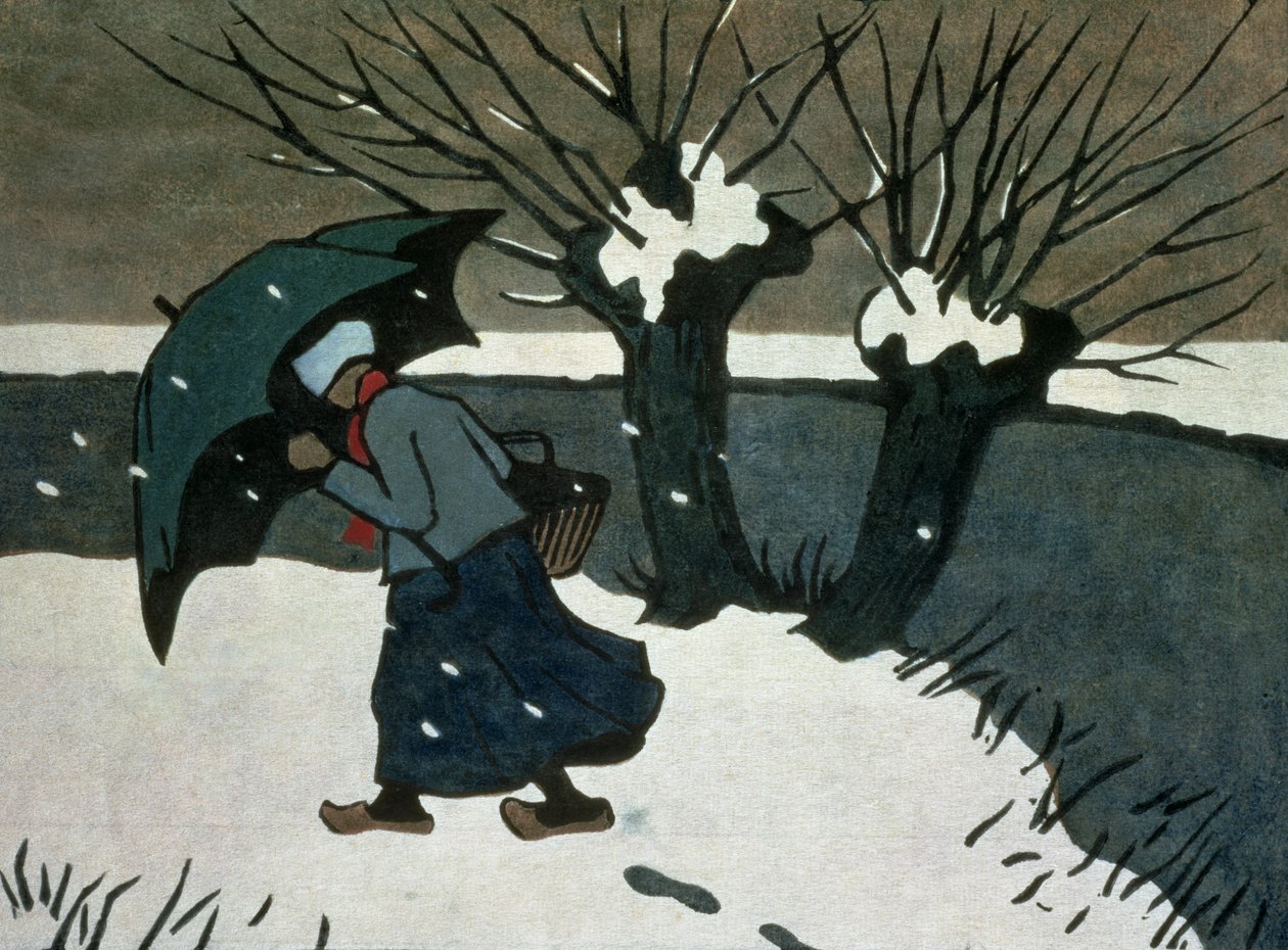 Sněhová bouře (dřevořez na papíře) od Janet Fisher