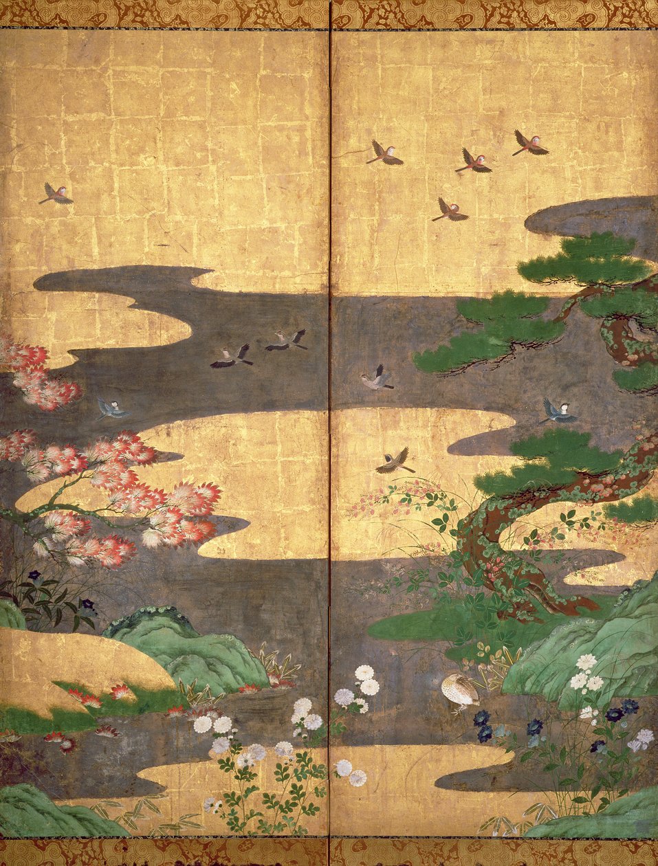 Ptáci s podzimními a zimními květy (pero a tuš, barevný a zlatý papír na desce) (viz 216542, 216543, 216545) od Japanese School