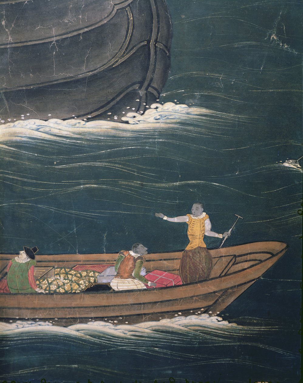 Příjezd Portugalců do Japonska, detail malé lodi s nákladem, z obrazovky Namban Byobu, 1594-1618 od Japanese School