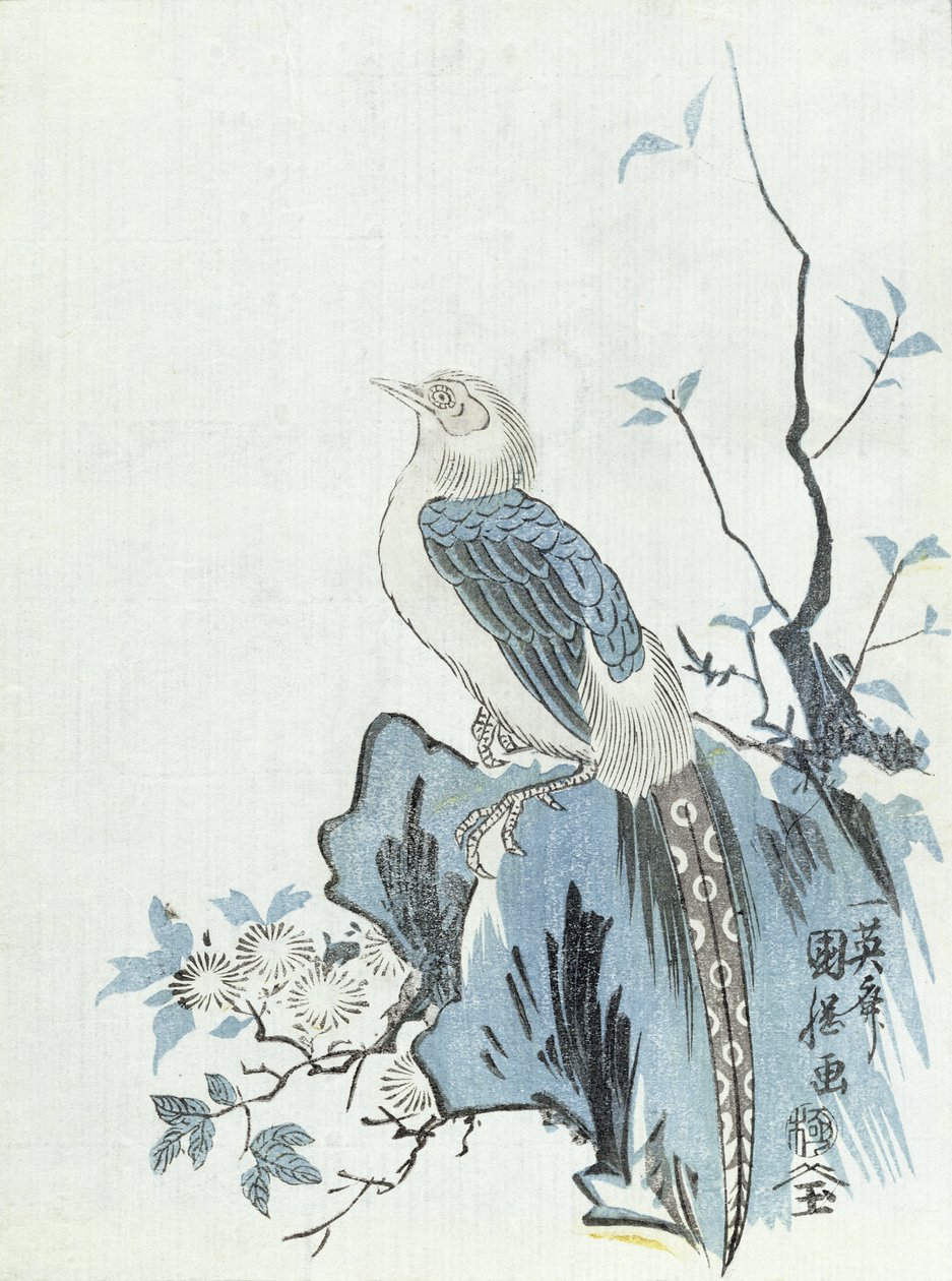 Bird on a Rock (dřevořez) od Japanese School