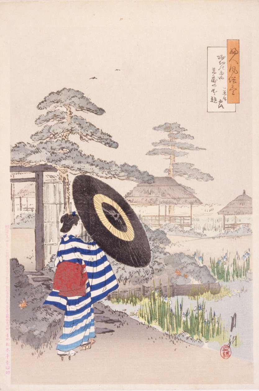 Lady With A Parasol (barevný dřevořez) od Japanese School