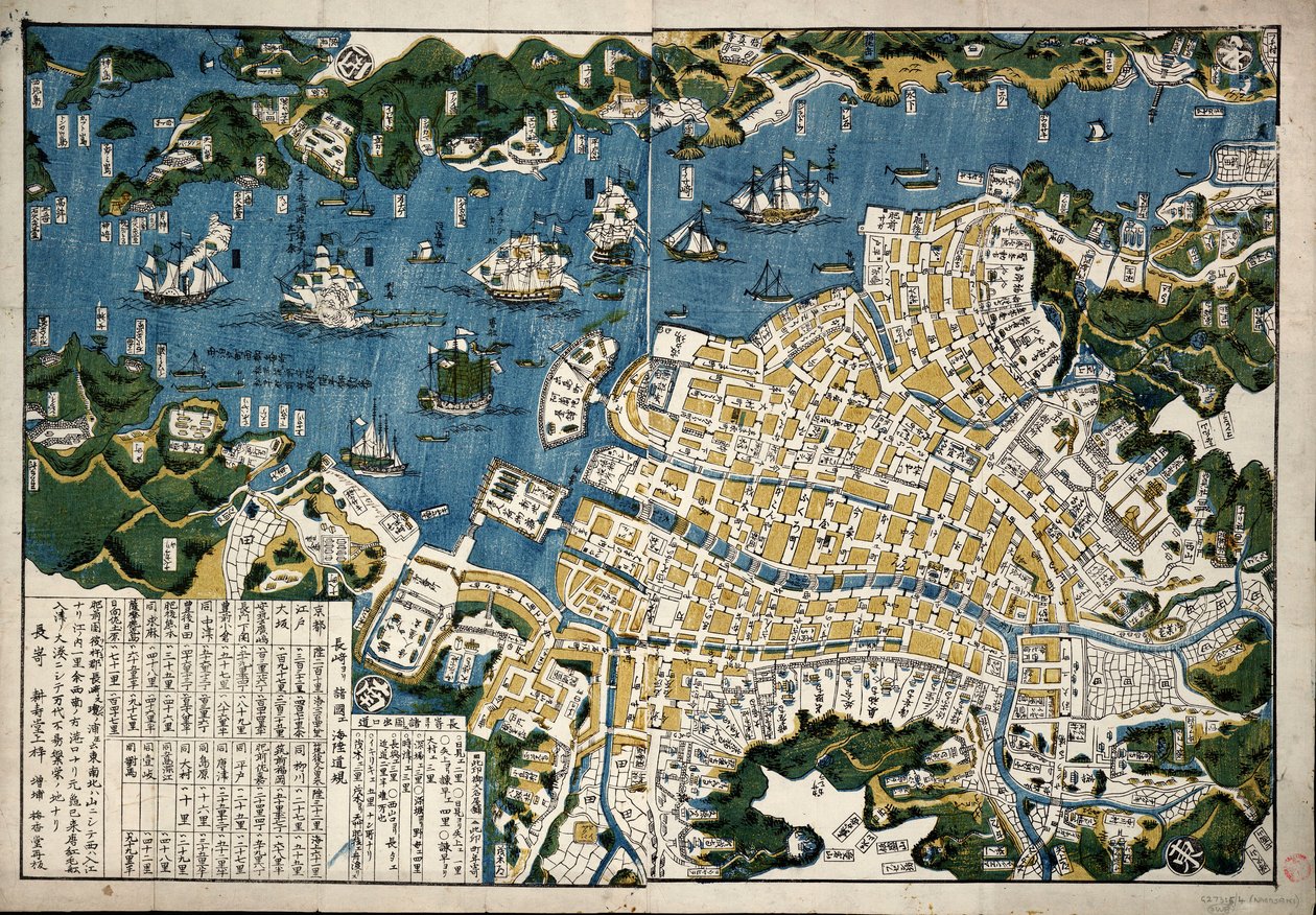 Mapa Nagasaki, Japonsko, asi 1868 (kolorovaný dřevoryt) od Japanese School
