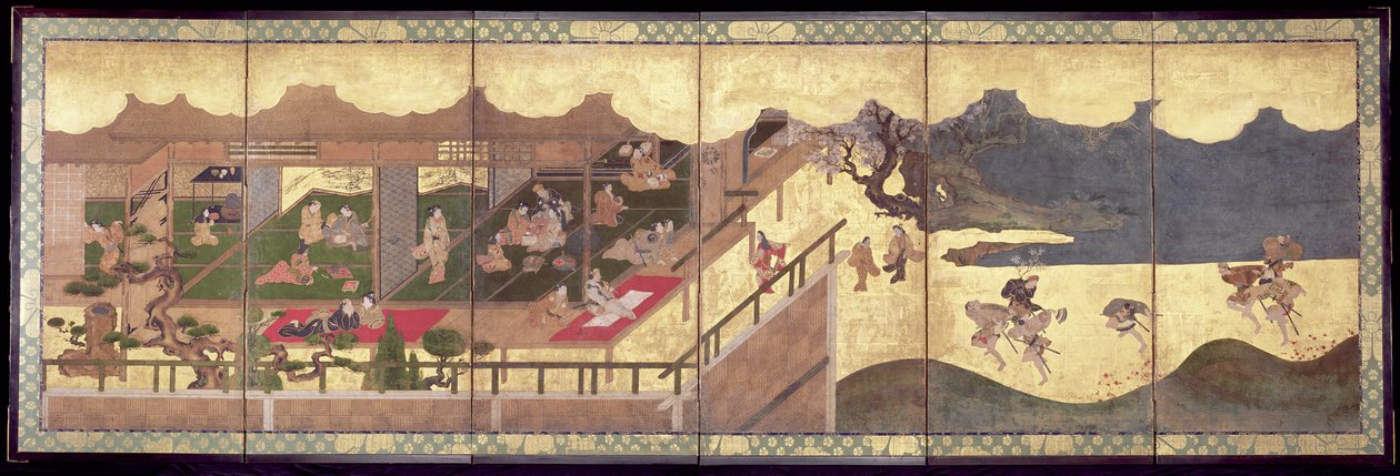 Merrymaking (inkoust, barva a plátek zlata na papíře) od Japanese School
