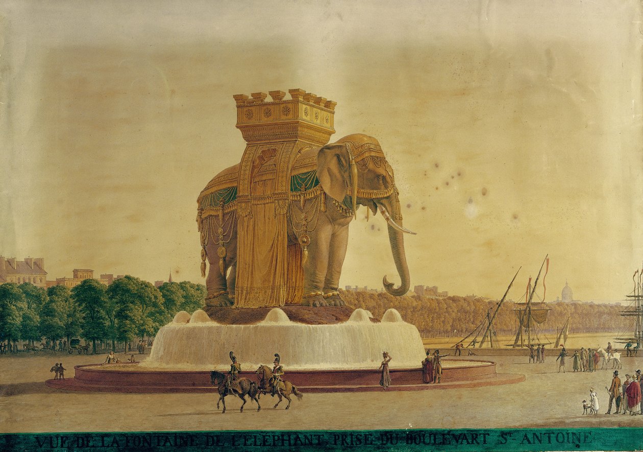 Pohled na Sloní fontánu na Place de la Bastille, cca 1805-1810 (wc na papíře) od Jean Antoine Alavoine