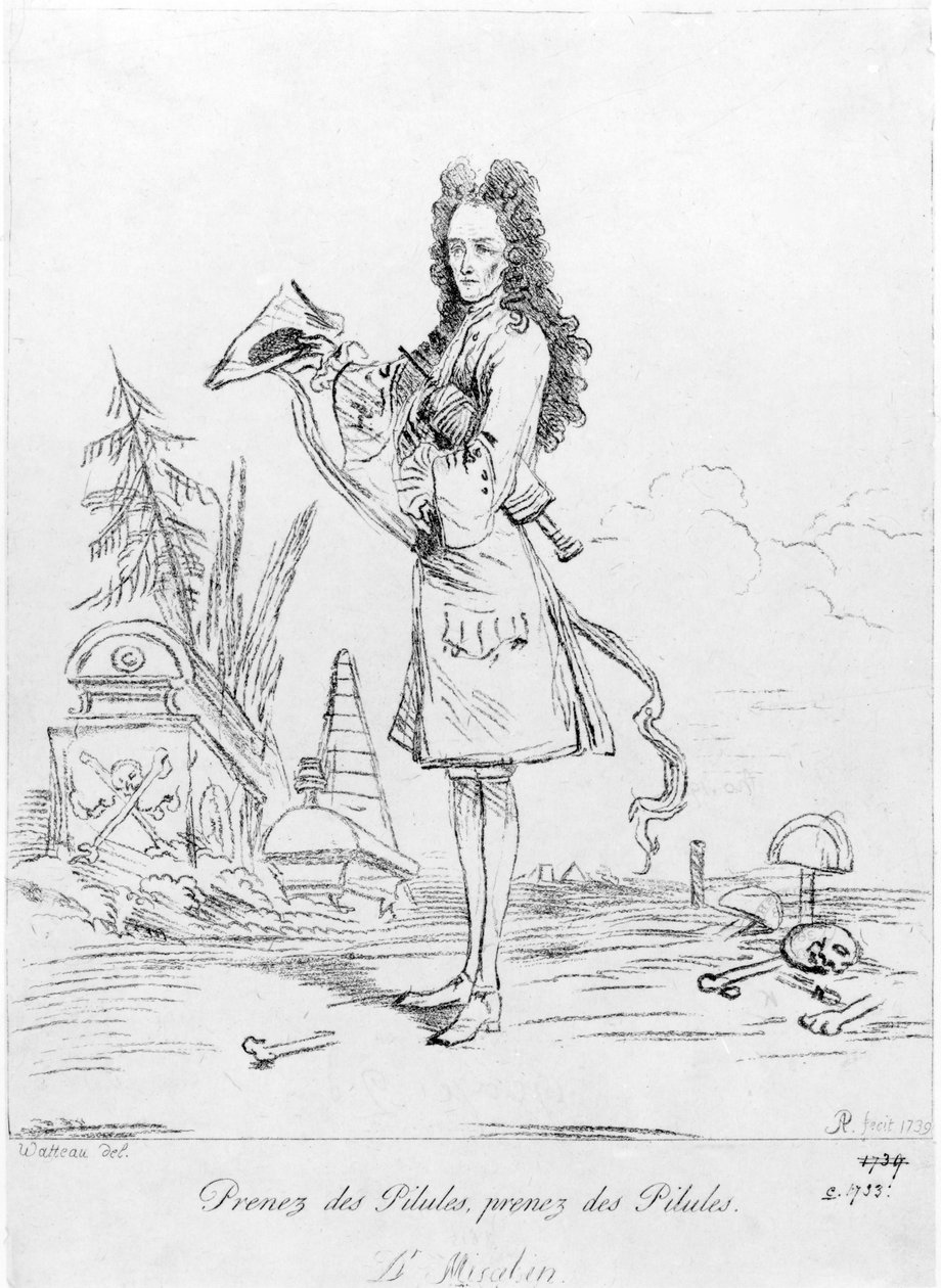Ber prášky, ber prášky - Dr. Misabin, 1739 od Jean Antoine Watteau