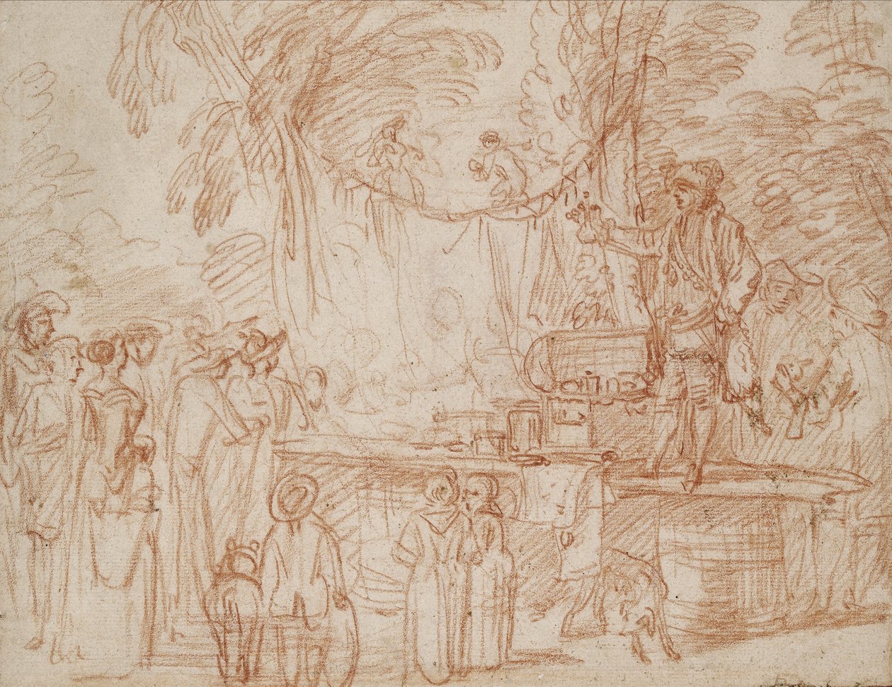 Recto; Quack Doctor prodává své zboží pod širým nebem (červená křída na papíře) od Jean Antoine Watteau