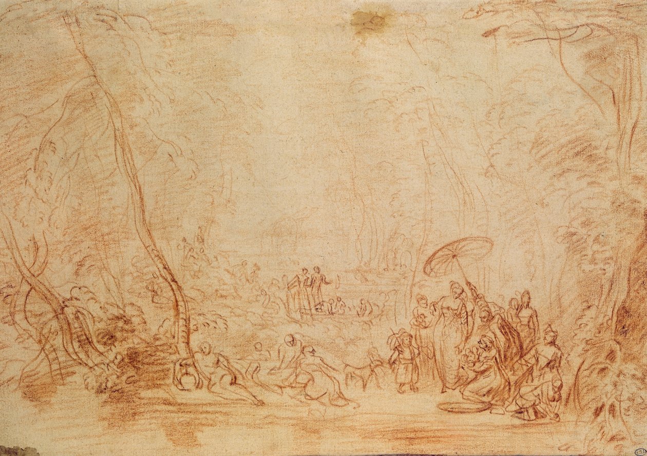 Záchrana Mojžíše z vody (sangvina na papíře) od Jean Antoine Watteau