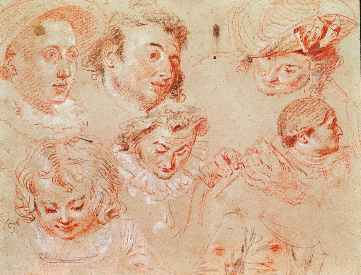 Šest hlav a dvě ruce hrající na hudební nástroj (pastelka s uhlem) od Jean Antoine Watteau