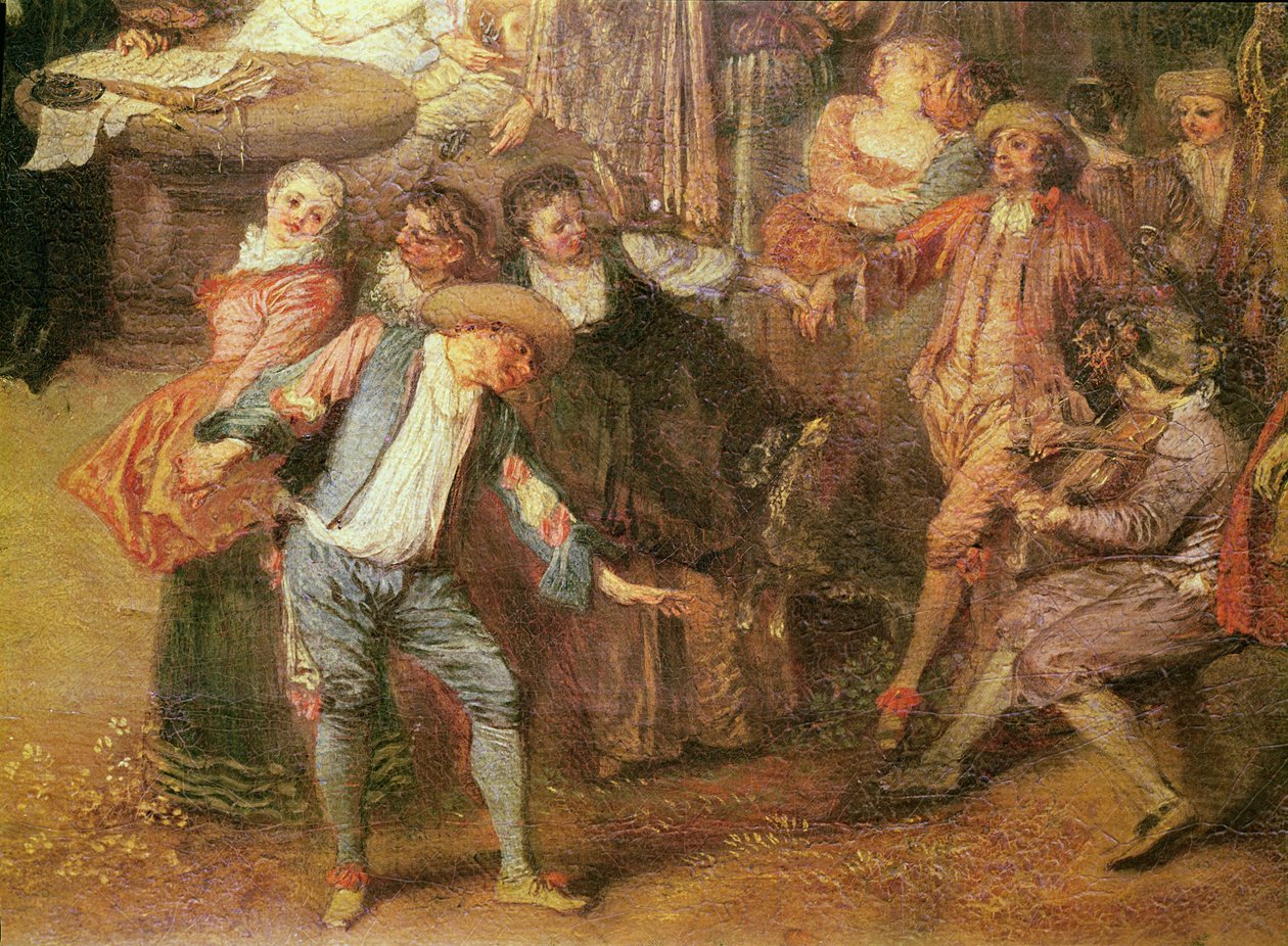 Detail předmanželské smlouvy a rustikálního plesu tanečníků vpravo, c. 1712-13 olej na plátně od Jean Antoine Watteau