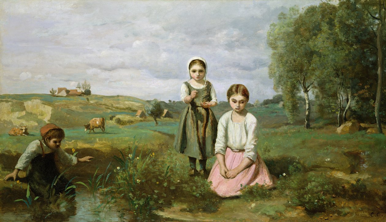 Děti u potoka na venkově, Lormesi od Jean Baptiste Camille Corot