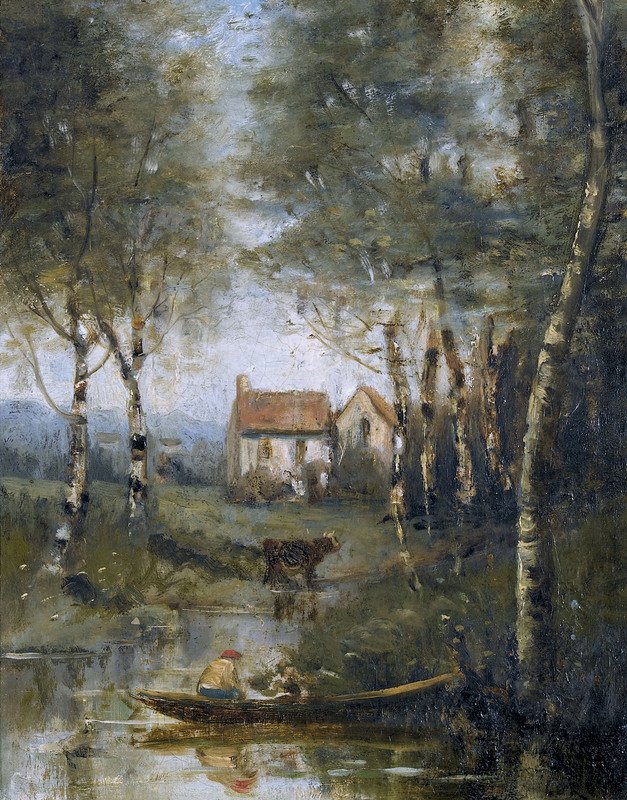 Řeka lodí a dům od Jean Baptiste Camille Corot
