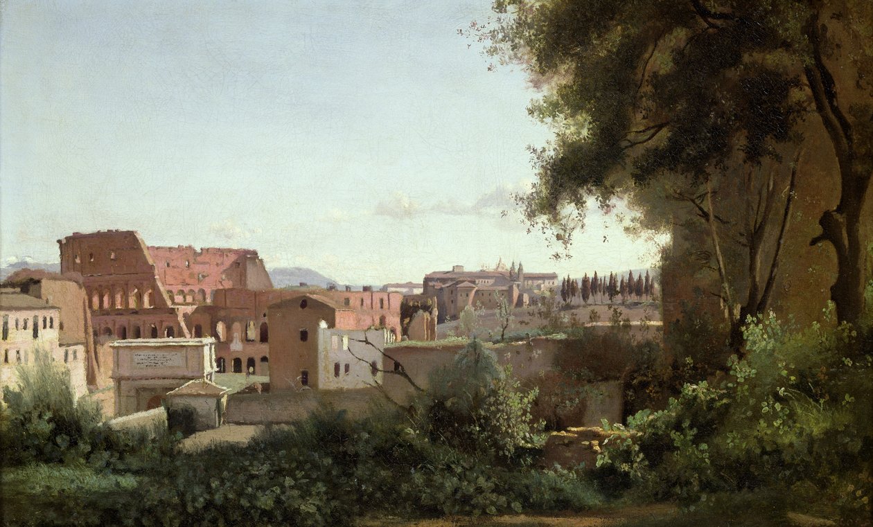 Pohled na Koloseum ze zahrad Farnese, 1826 (olej na papíře na plátně) od Jean Baptiste Camille Corot