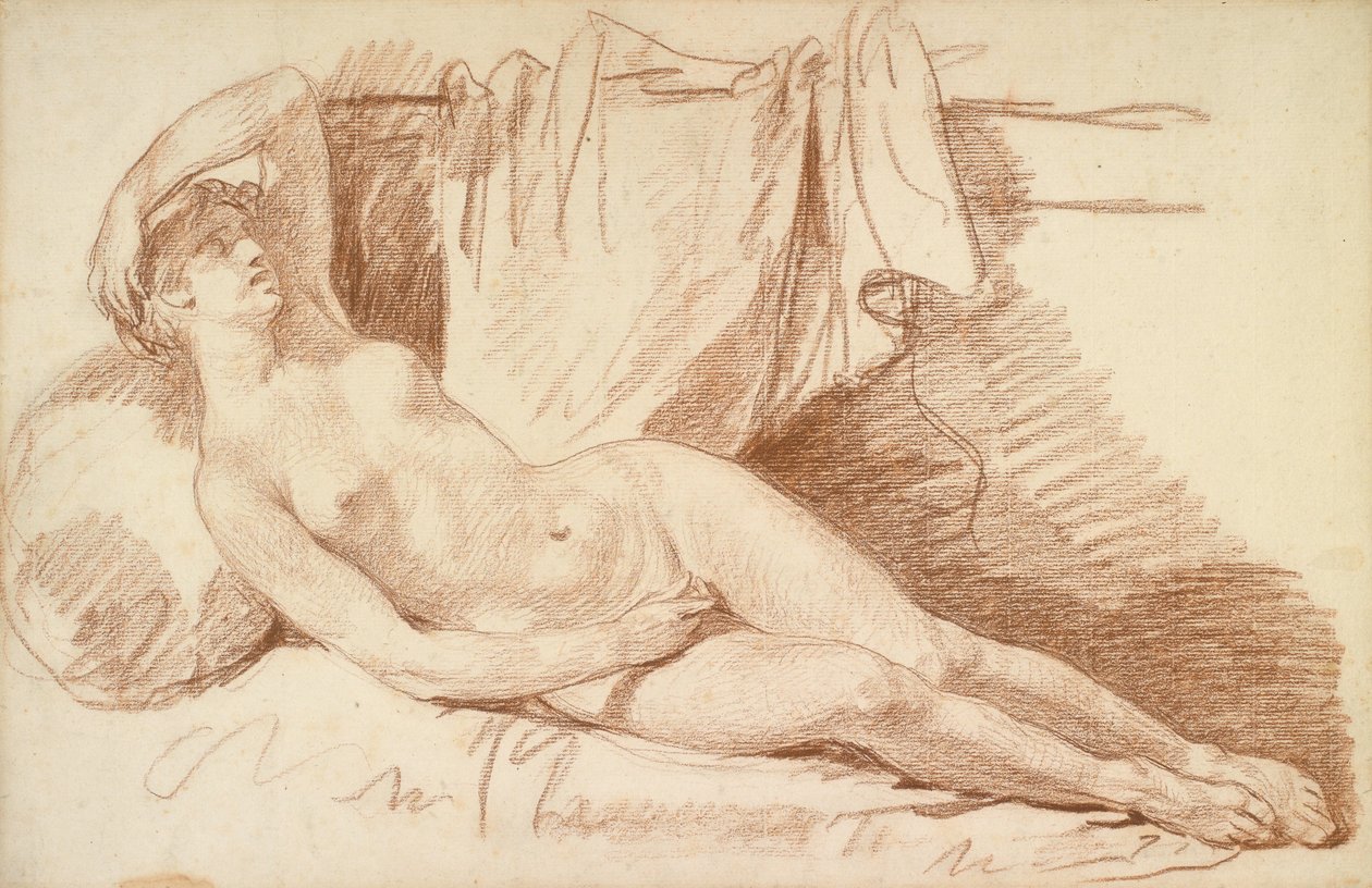 Ležící ženský akt: (červená křída na křídovém papíře). od Jean Baptiste Greuze