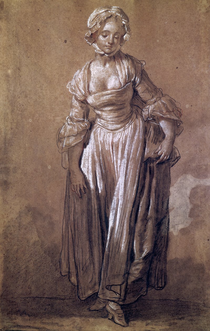 Stojící mladá dívka, studie na „The Village Agreement“ (uhlí a bílá křída na papíře) od Jean Baptiste Greuze