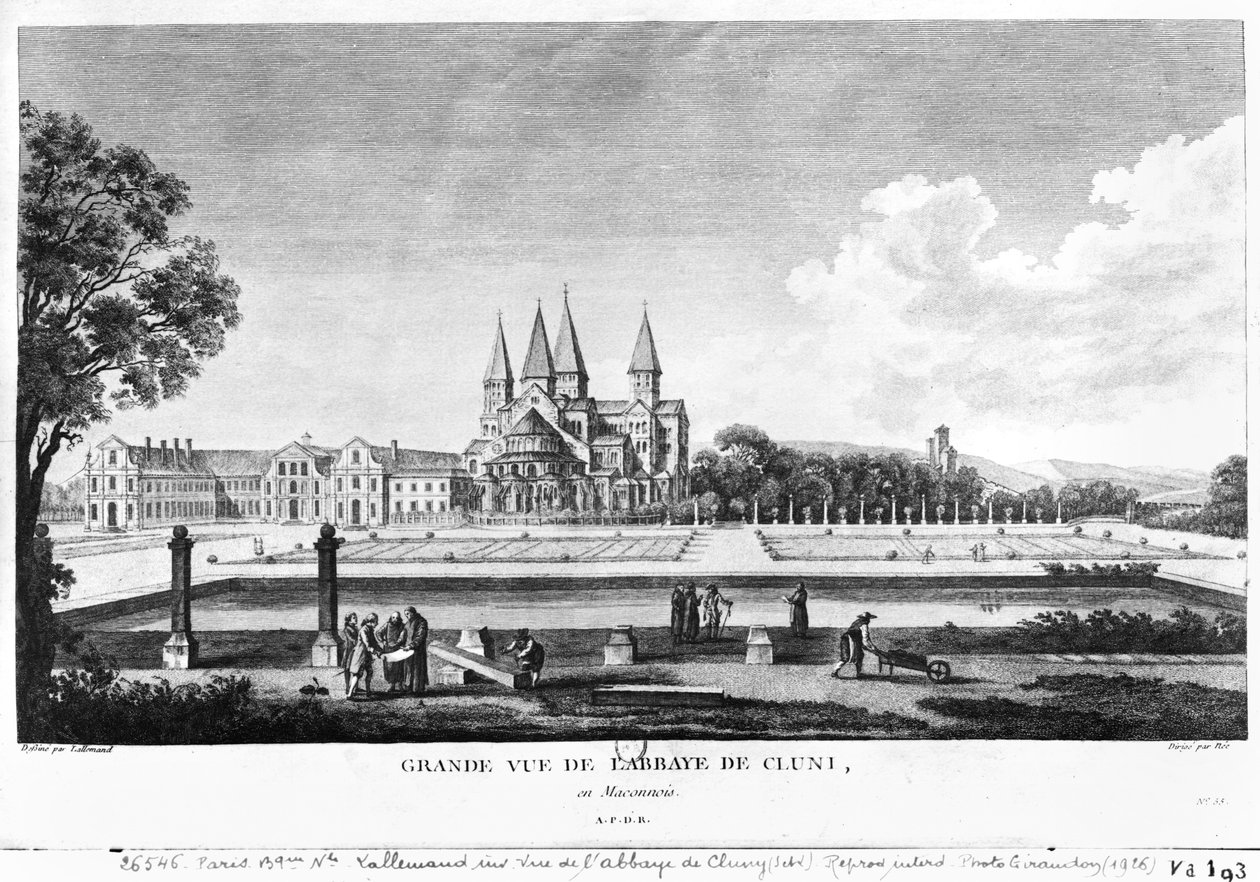 Pohled na Cluny Abbey, z „Voyage Pittoresque de la France“ vyrytý pod vedením Francoise Denise Nee (1732-1817), vydáno 1787 od Jean Baptiste Lallemand