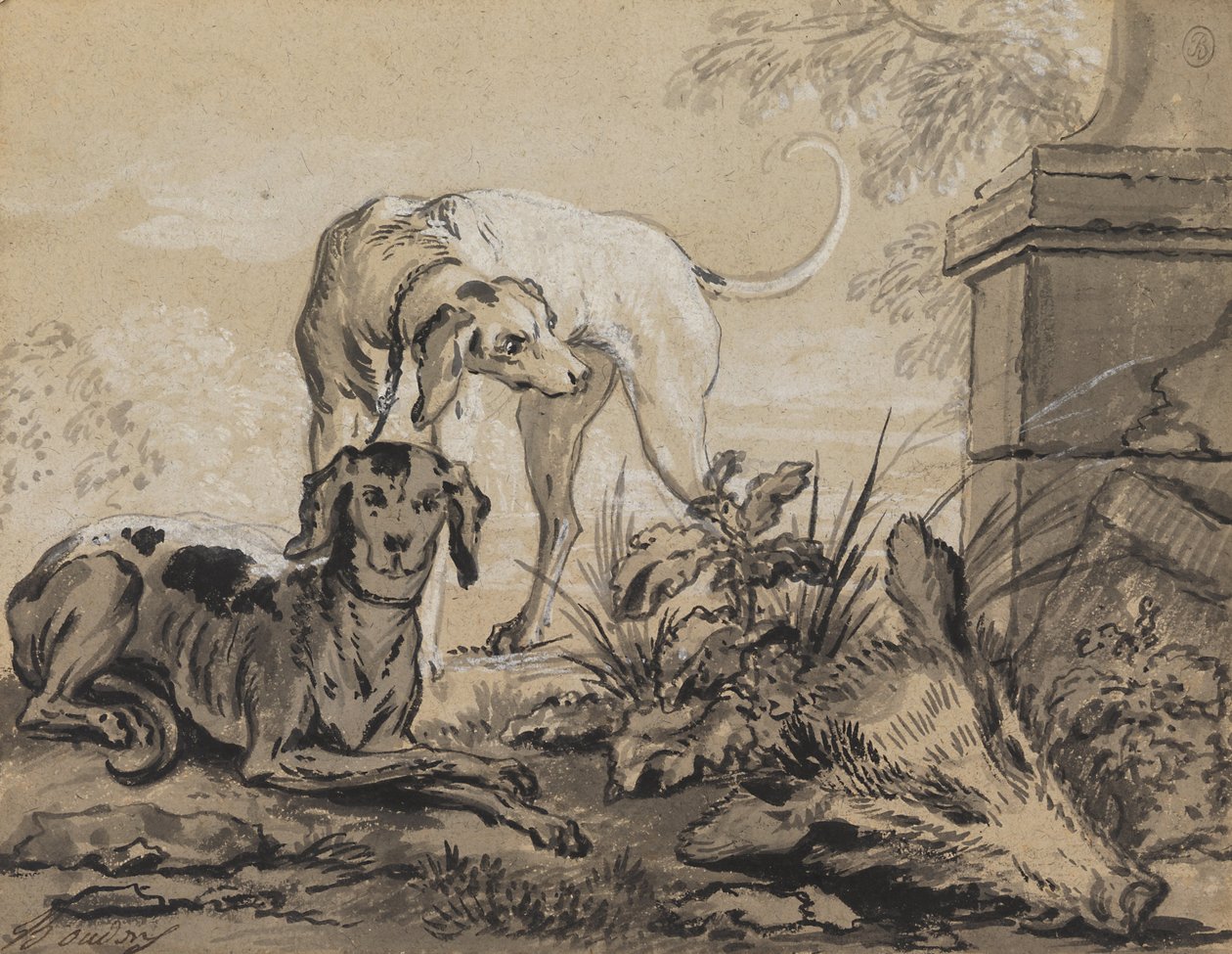 Po lovu- Dva honiči vedle hlavy kanců od Jean Baptiste Oudry