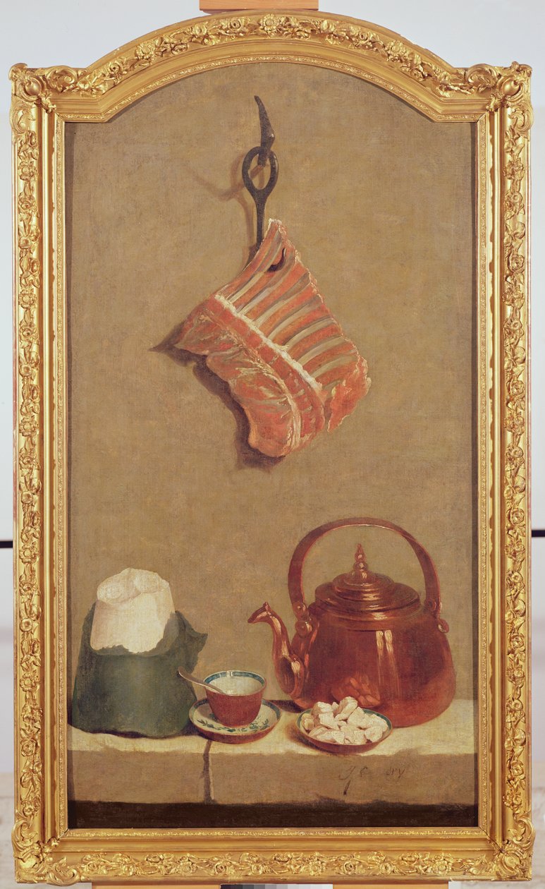 Zátiší s masem, konvicí, hrnkem, bochníkem cukru a hrudkami cukru od Jean Baptiste Oudry
