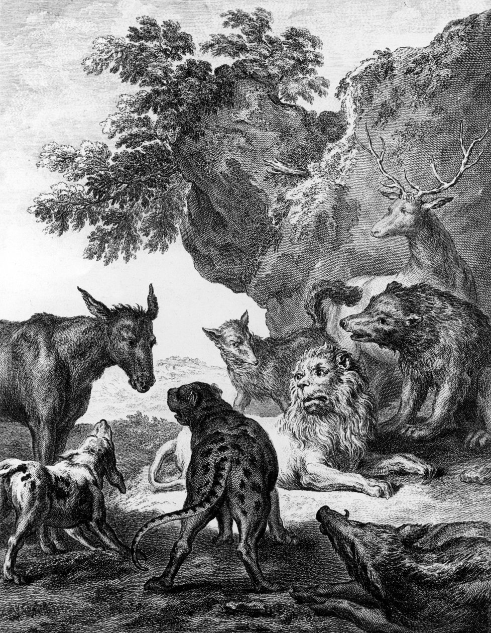 The Animals Fallen Sick With the Mor, ilustrace k Bajkám La Fontaine, 1755 od Jean Baptiste Oudry