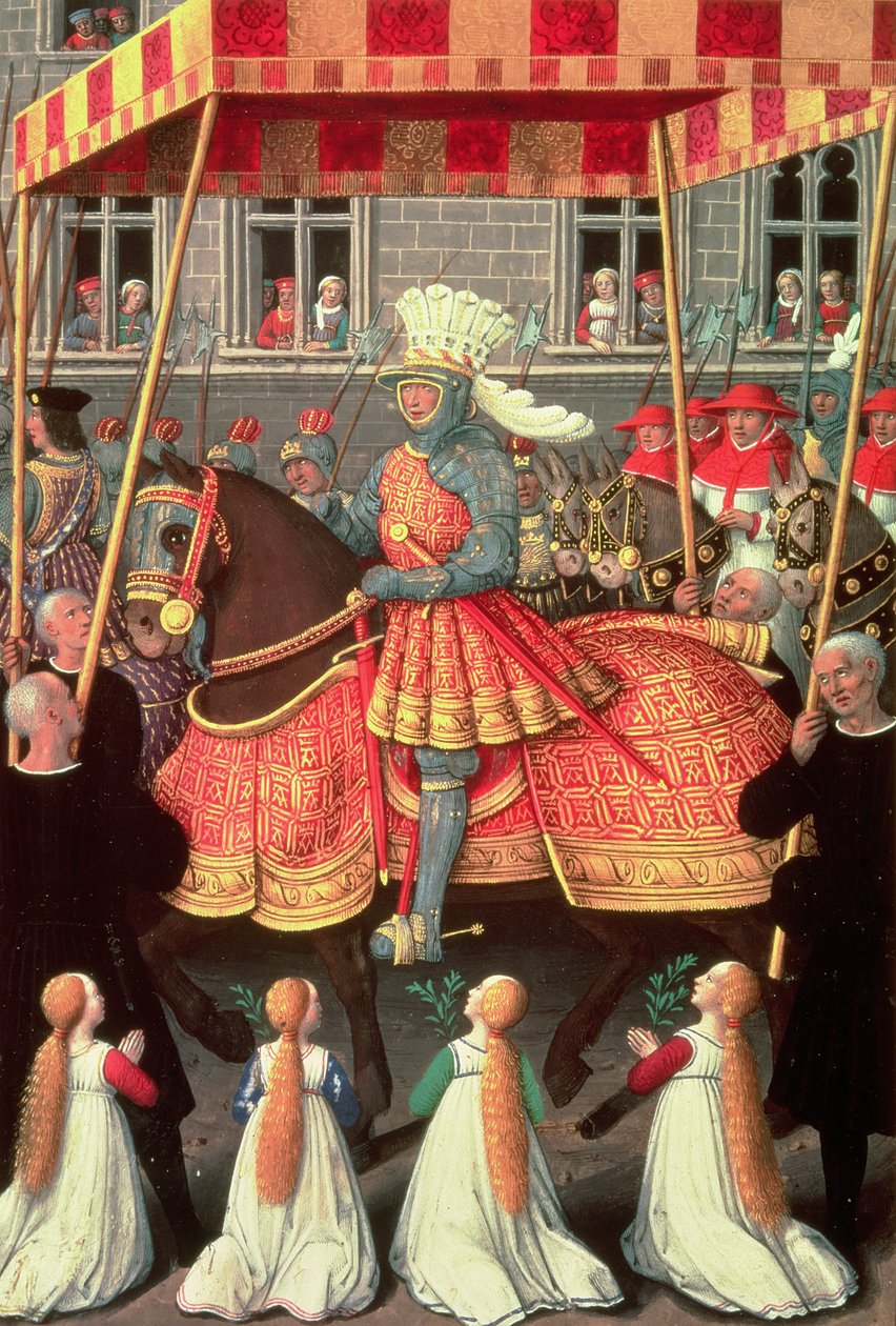 Ludvík XII. (1462-1515) vstupující do Janova pod baldachýnem, následovaný čtyřmi kardinály z „Hodin Anny Bretaňské“, 1515-20 od Jean Bourdichon