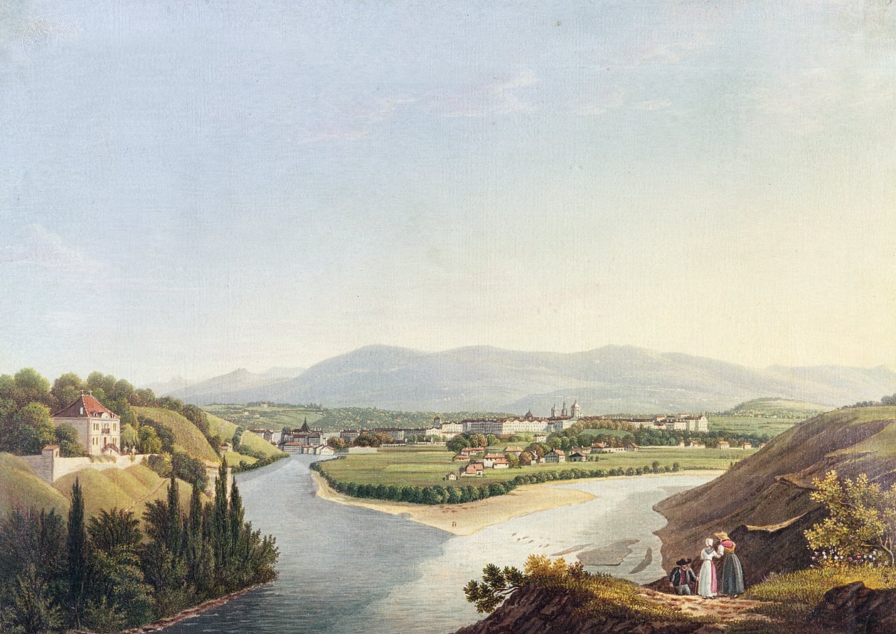 Pohled na Ženevu od soutoku Rhone a Arve, vyrytý Friedrich Salathe (1793-1860) od Jean Dubois