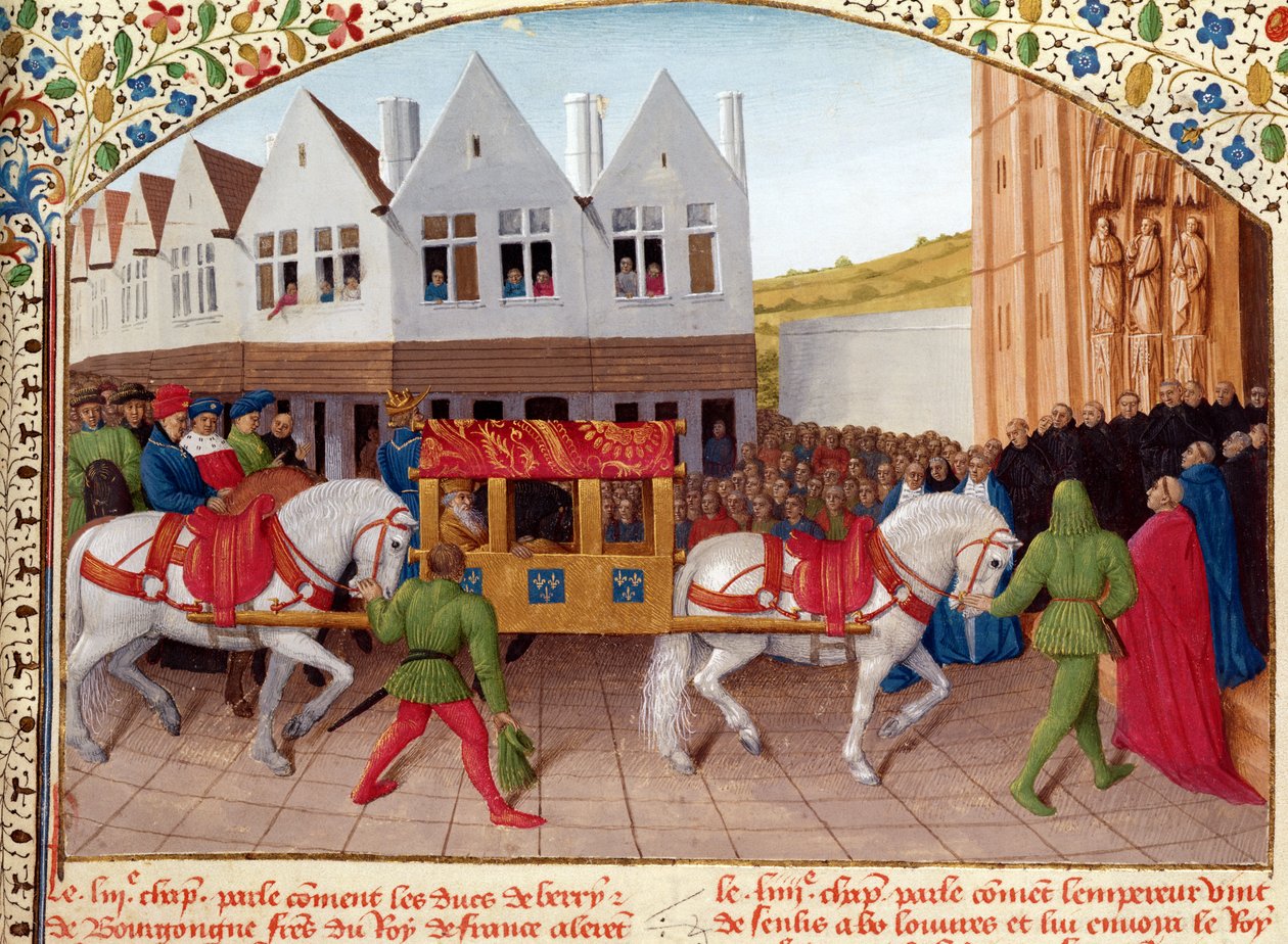 Ms Fr 6465 fol.442 Příjezd císaře Karla IV. (1316-78) do baziliky St. Denis v roce 1378, z „Les Grandes Chroniques de France“, kolem 1460 od Jean Fouquet