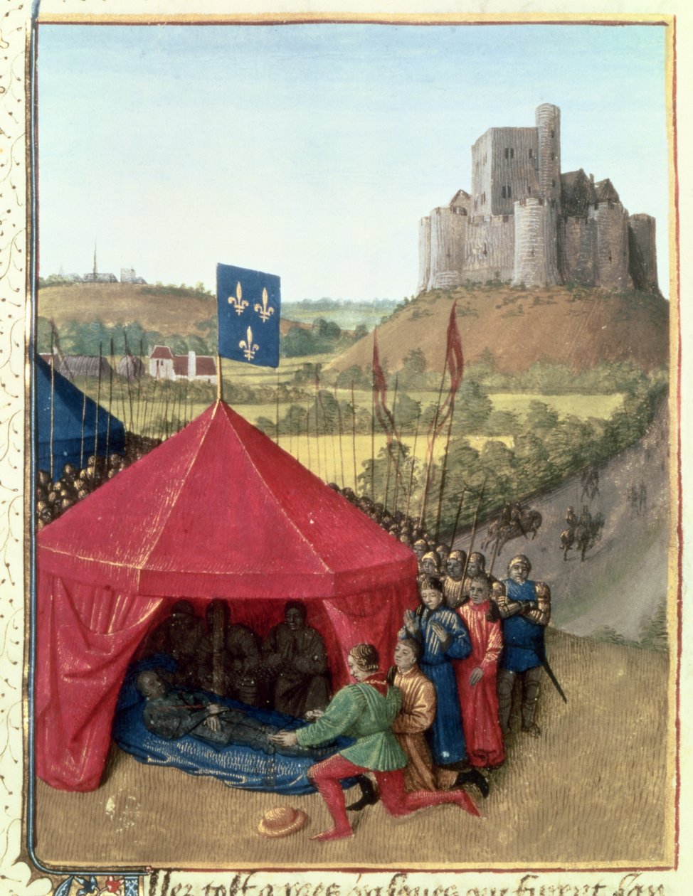 Smrt Bertranda du Geusclin (asi 1320-80) v Chateauneuf-de-Randon od Jean Fouquet