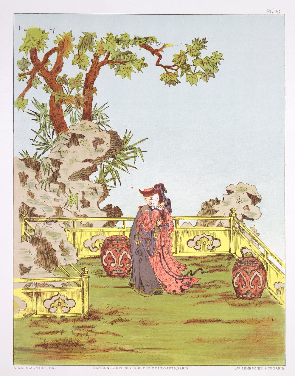 Pár v čínské zahradě, z „Ornaments of China“, vydané koncem 18. století – začátkem 19. století od Jean Francois Albanis de Beaumont