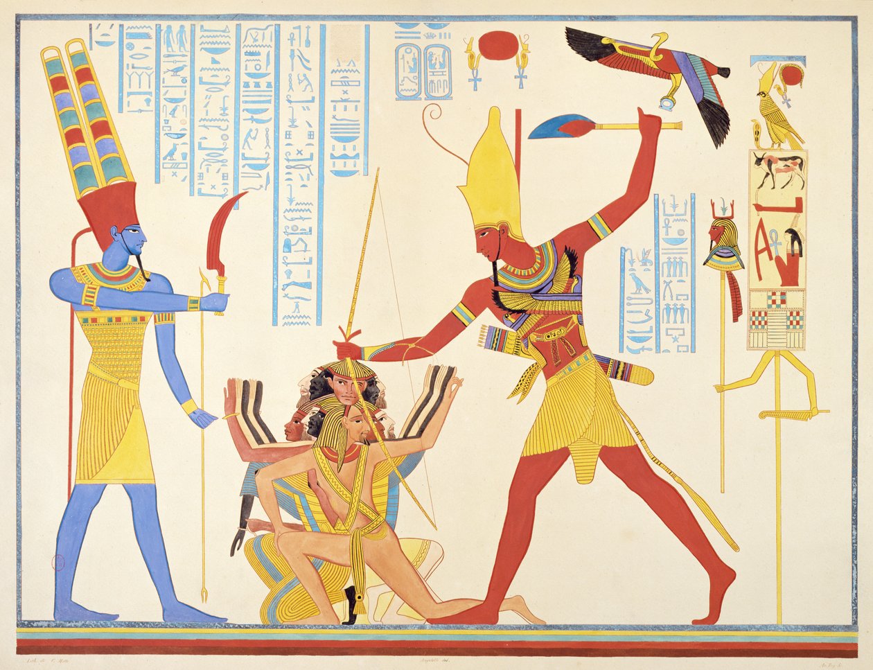 Bůh Amun nabízí faraonovi Ramsesovi III. zbraň se srpem, když bije dva zajaté nepřátele, 1835-45. od Jean Francois Champollion