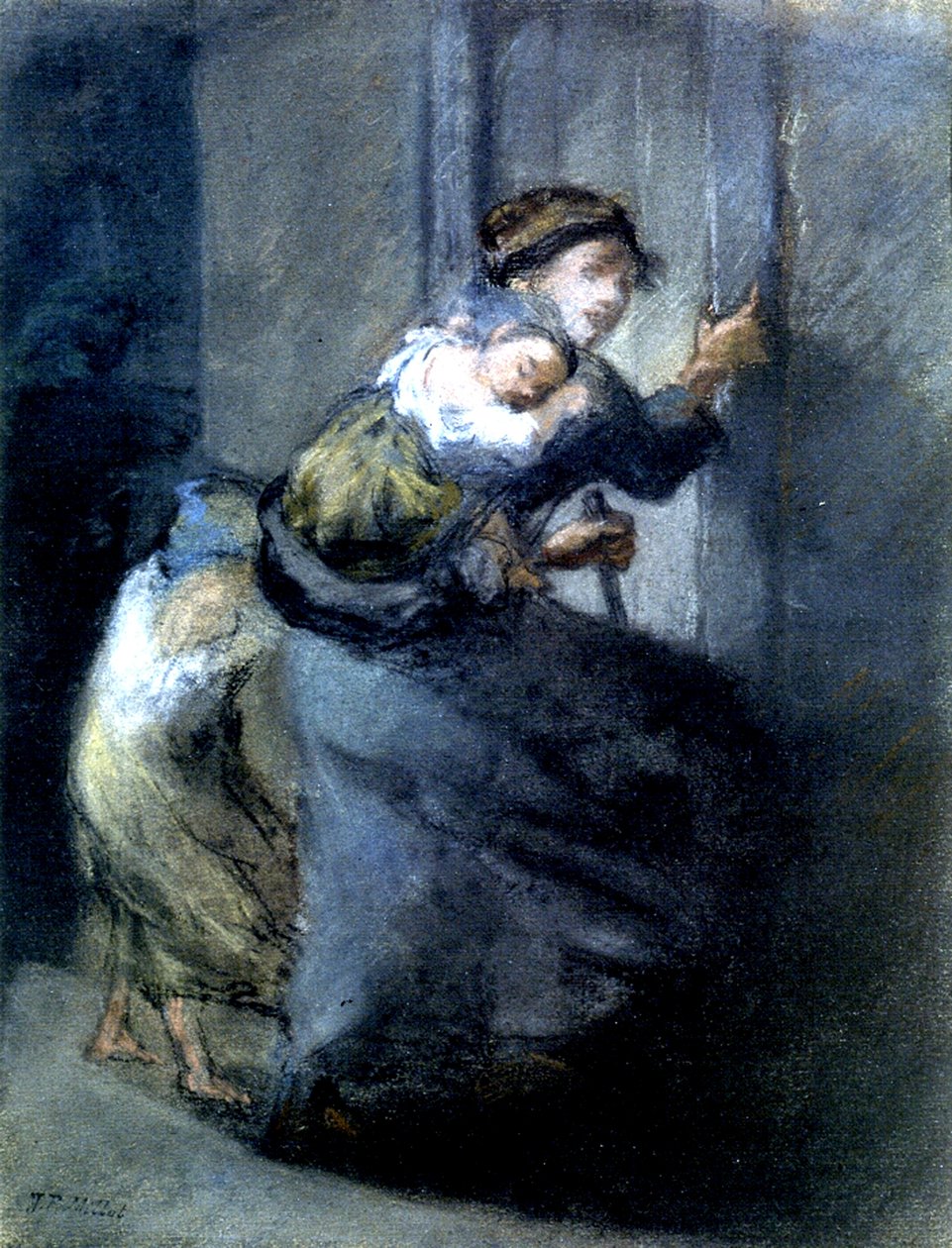Matka prchající se dvěma dětmi (pastel na papíře) od Jean Francois I Millet
