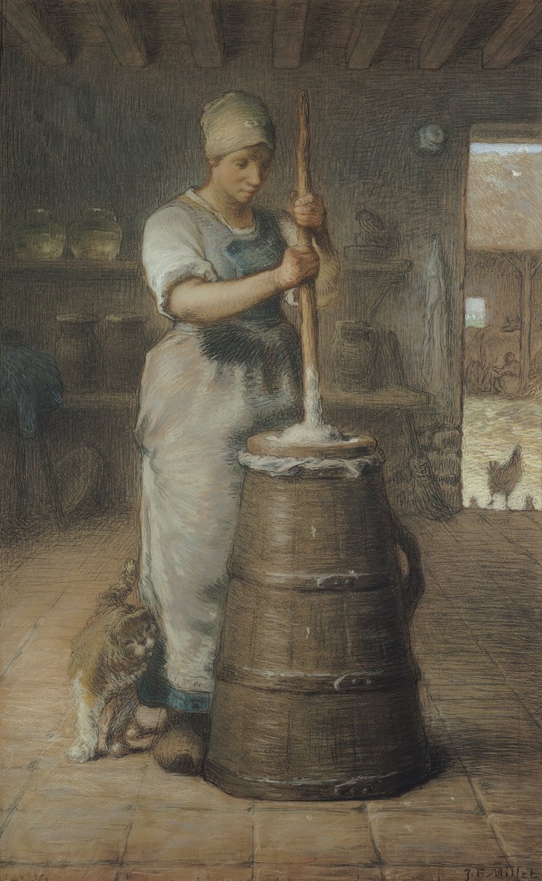 Stoupání másla, 1866-68 (tužka a pastel na papíře) od Jean Francois Millet
